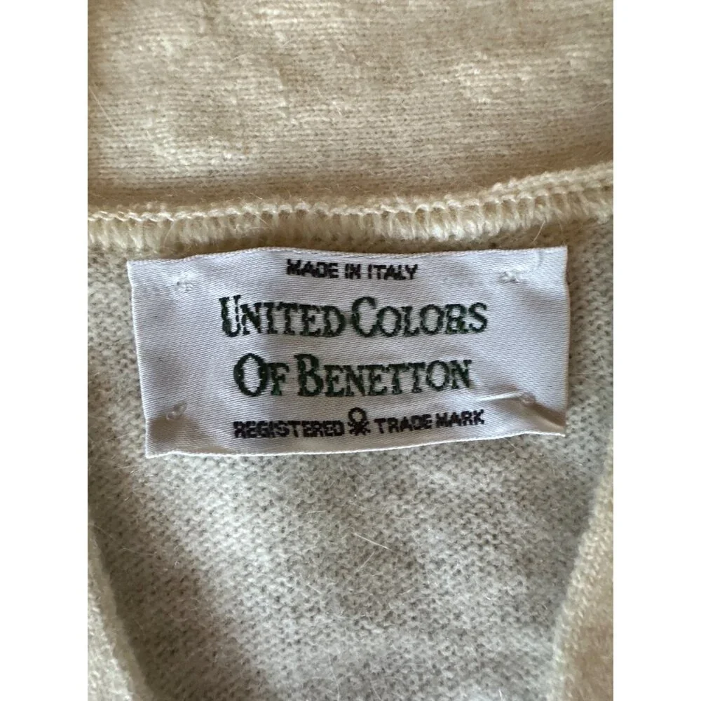 United Colors Of Benetton Cream‎ Cardigan Embroidered Collar Angora Wool Preppy